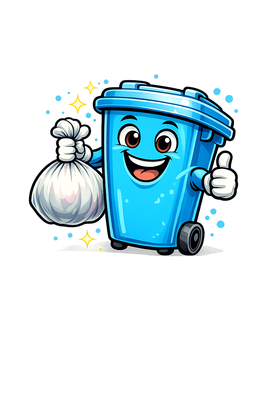 Binny, the Basura Buddies trash bin mascot, holding a tied trash bag
