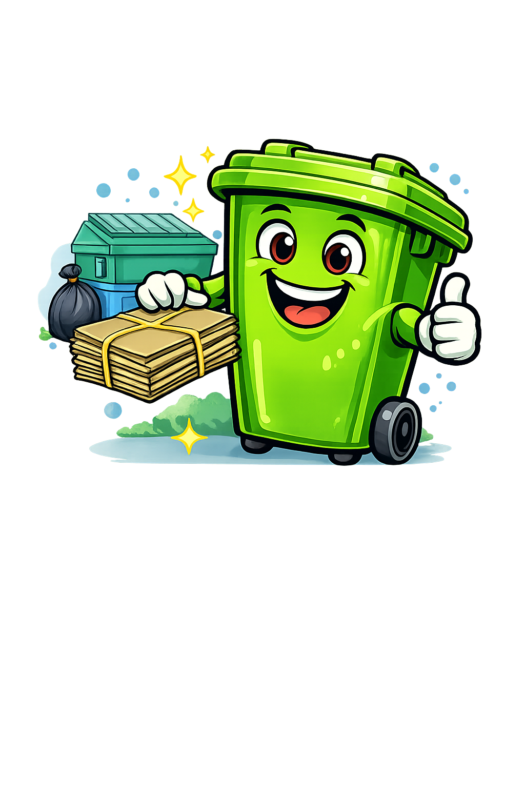Canny, the Basura Buddies recycling bin mascot, holding flattened cardboard