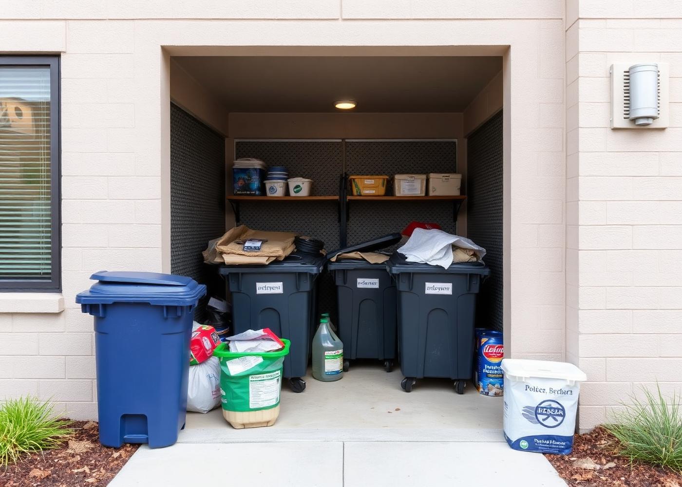 Organized apartment community dumpster area kept clean by scheduled valet trash service.